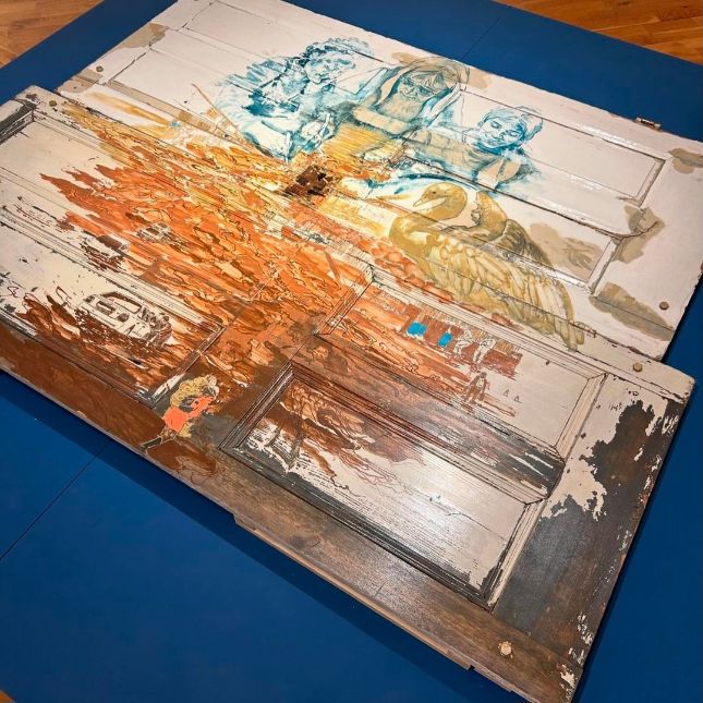 The Wateriness Within Us 2m X 1.4m  Scratchwork Rotary Carving And Paint On Two Reconstructed Wooden Doors
