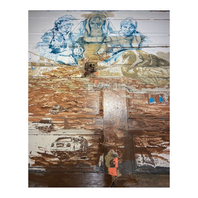 The Wateriness Within Us 2m X 1.4m  Scratchwork Rotary Carving And Paint On Two Reconstructed Wooden Doors