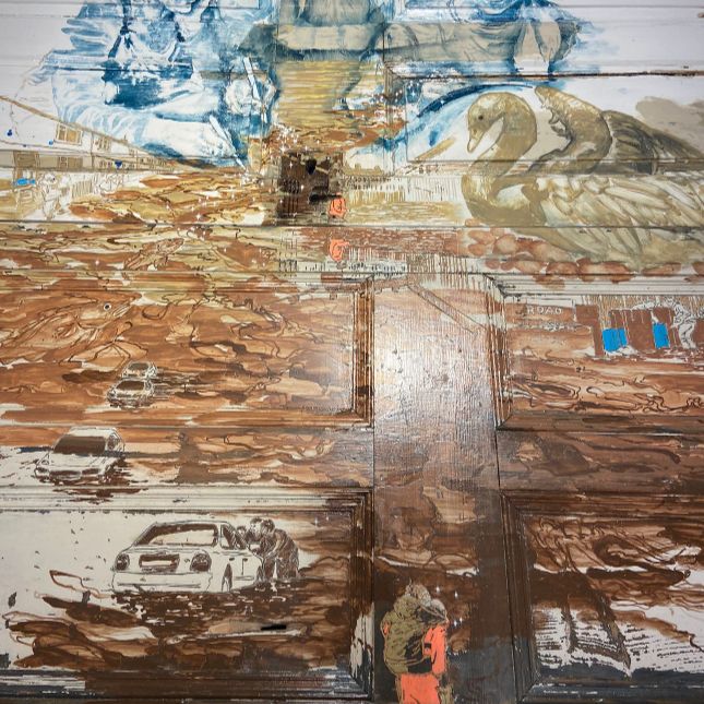 The Wateriness Within Us 2m X 1.4m  Scratchwork Rotary Carving And Paint On Two Reconstructed Wooden Doors