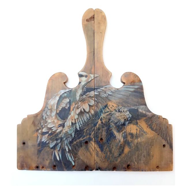 Bar Headed Goose And Mount Everest. Reconstructed Chest Of Draws. Scratchwork Rotary Carving And Paint On Wood. 50cm X 50cm