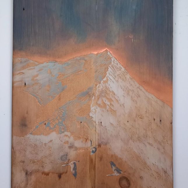 Acending Striding Edge Helvelyn. 45cm X 90cm. Scratchwork Rotary Carving And Paint On Reconstructed Chest Of Draws