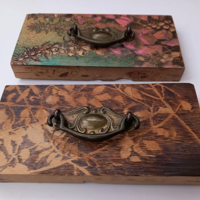 Digitalis And Bramble. Scratchwork Rotary Carving And Paint On Wooden Reconstructed Chest Of Draws. 17cm X 8cm
