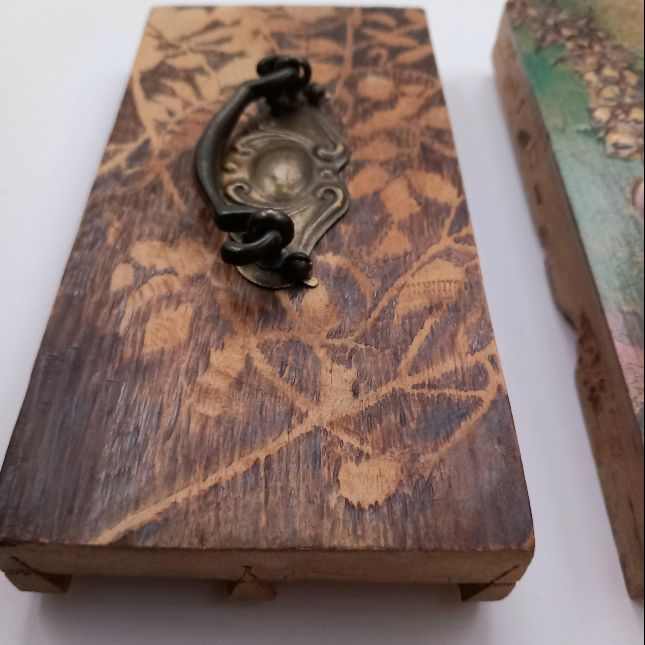 Digitalis And Bramble. Scratchwork Rotary Carving And Paint On Wooden Reconstructed Chest Of Draws. 17cm X 8cm