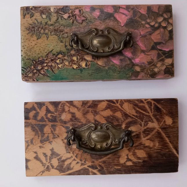 Digitalis And Bramble. Scratchwork Rotary Carving And Paint On Wooden Reconstructed Chest Of Draws. 17cm X 8cm