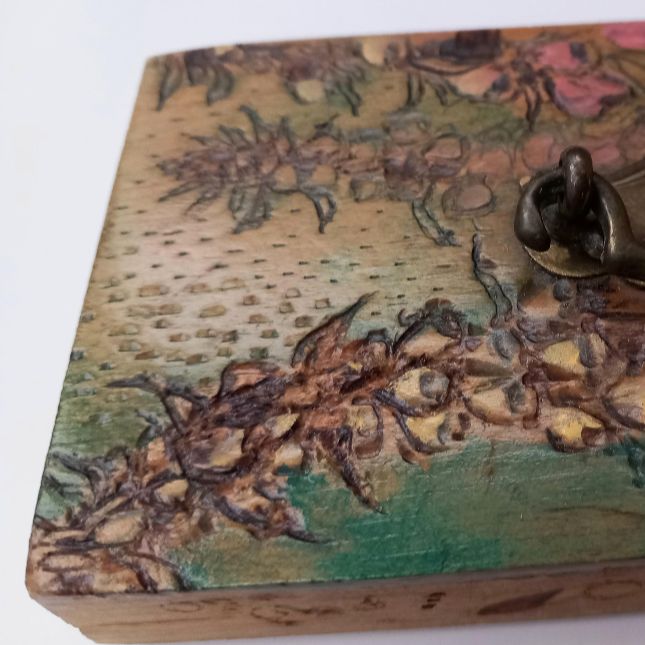 Digitalis And Bramble. Scratchwork Rotary Carving And Paint On Wooden Reconstructed Chest Of Draws. 17cm X 8cm