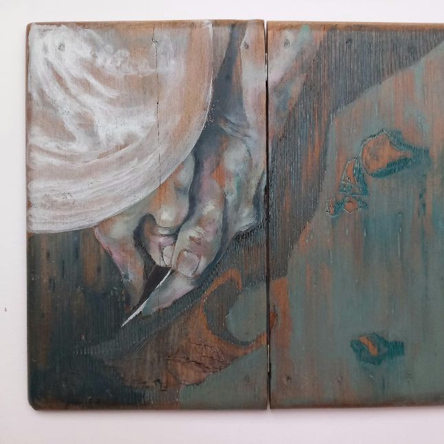 Workingwith Hands. Scratchwork Rotary Carving And Paint On Deconstructed Wooden Chest Of Draws 27cm X 22cm