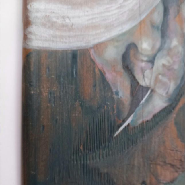 Workingwith Hands. Scratchwork Rotary Carving And Paint On Deconstructed Wooden Chest Of Draws 27cm X 22cm