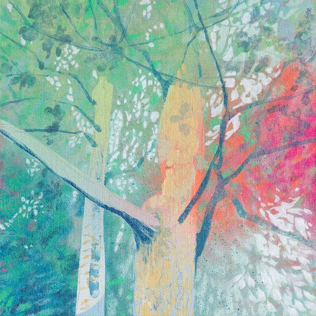 Looking Up At The Trees Acrylic And Spray Paint On Canvas Board