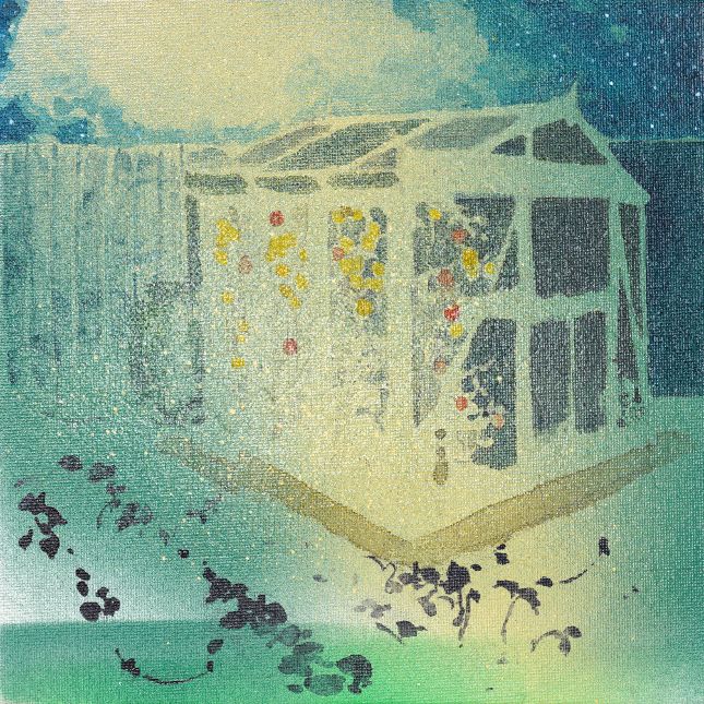 Greenhouse Acrylic And Spray Paint On Canvas Board 20cm 20cm